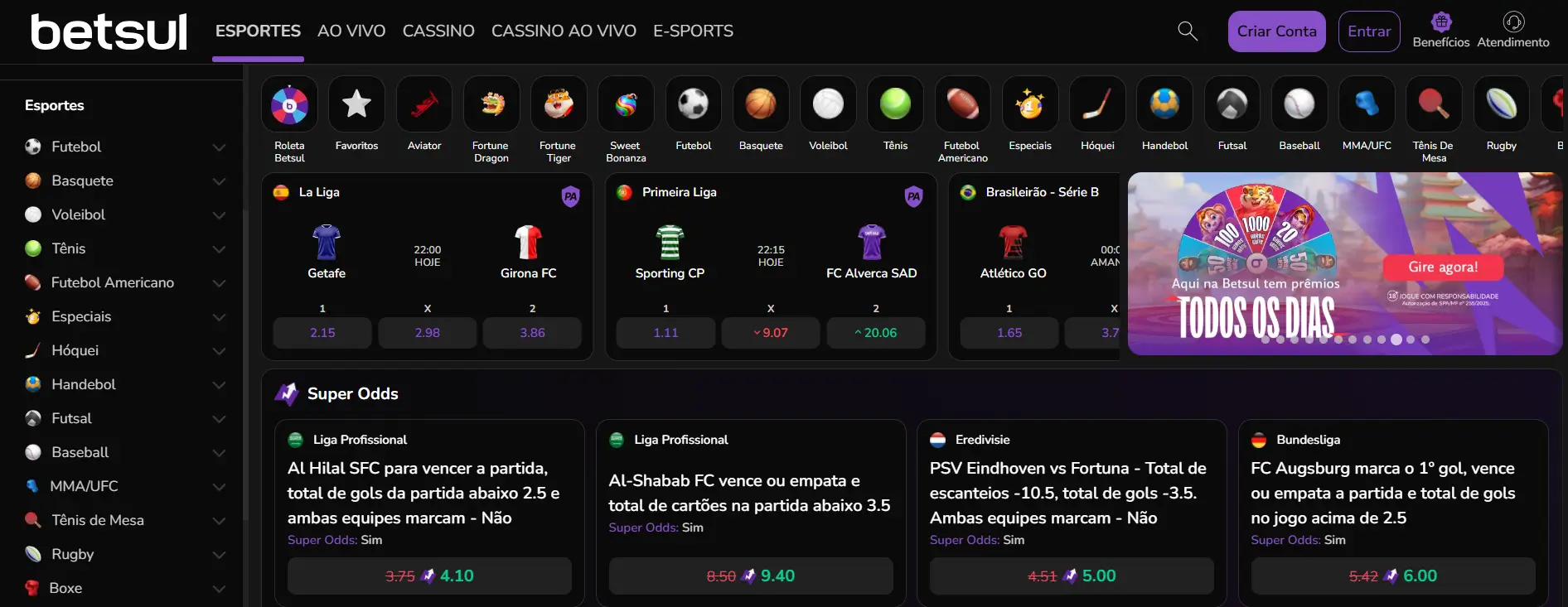 Tela inicial do site Betsul Apostas mostrando esportes, partidas e promoções diárias
